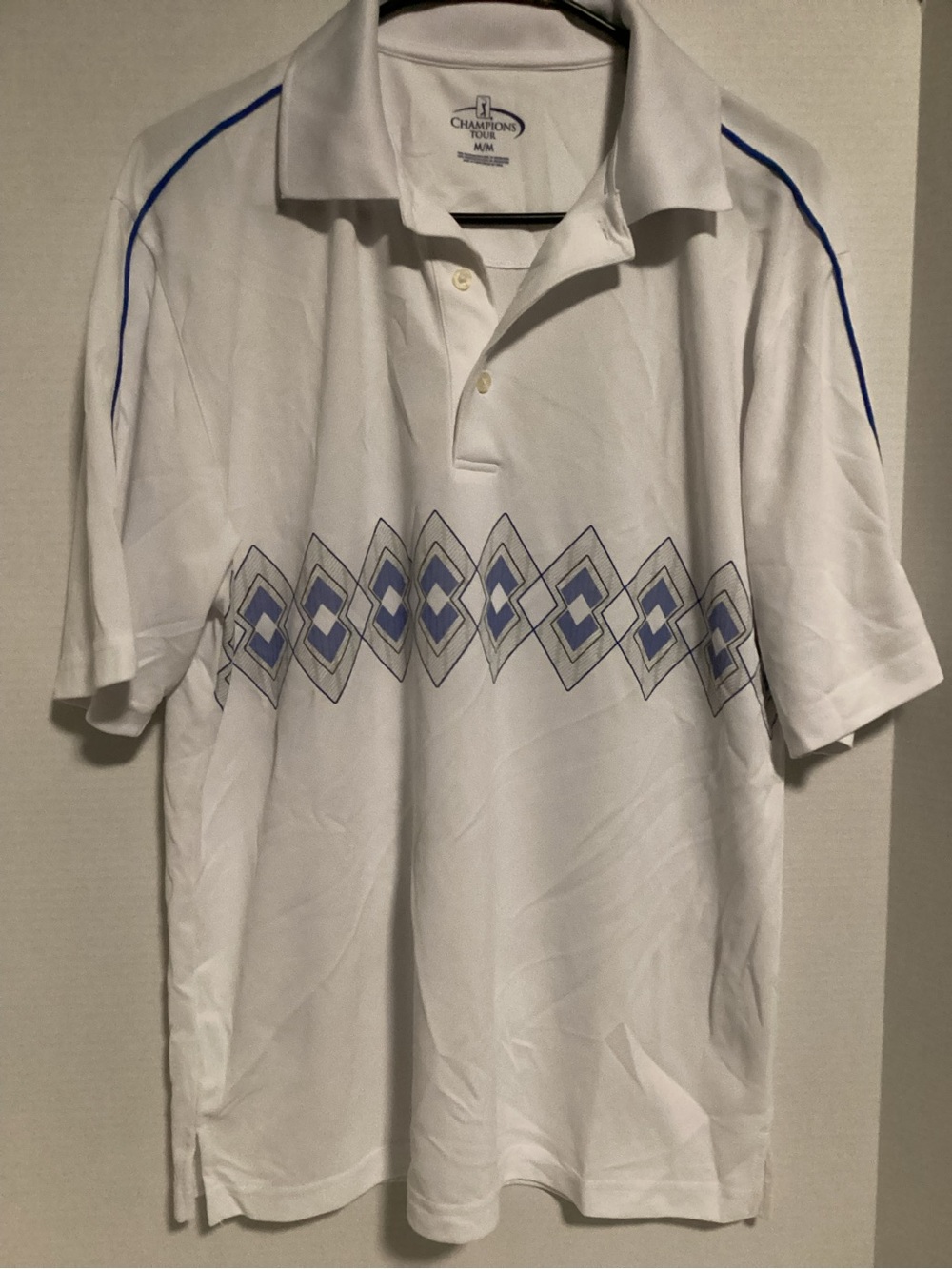 Champion White Polo with Blue Diamond Chest Pattern *GOLFWEAR* Size M - Picture 2 of 5